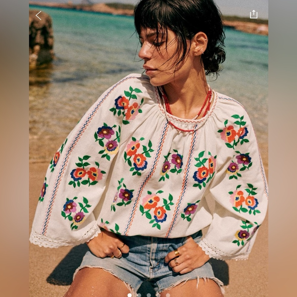 Sezane Rina Blouse Ecru/ Embroidered Flowers - Size 2